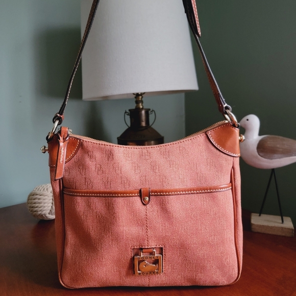 Dooney & Bourke Monogram Orange Water-repellant Coated Fabric Hobo w/Tan Leather - Picture 1 of 14
